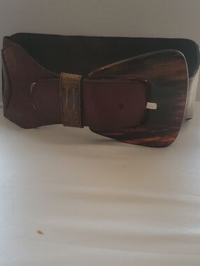 Wide Brown Leather Stretch Belt with Statement Buckle